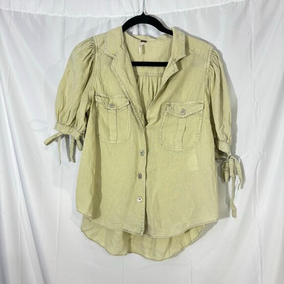 Free People Women’s Babe Safari Linen Button-Front Short Sleeve Shirt Top Size S - Picture 2 of 7